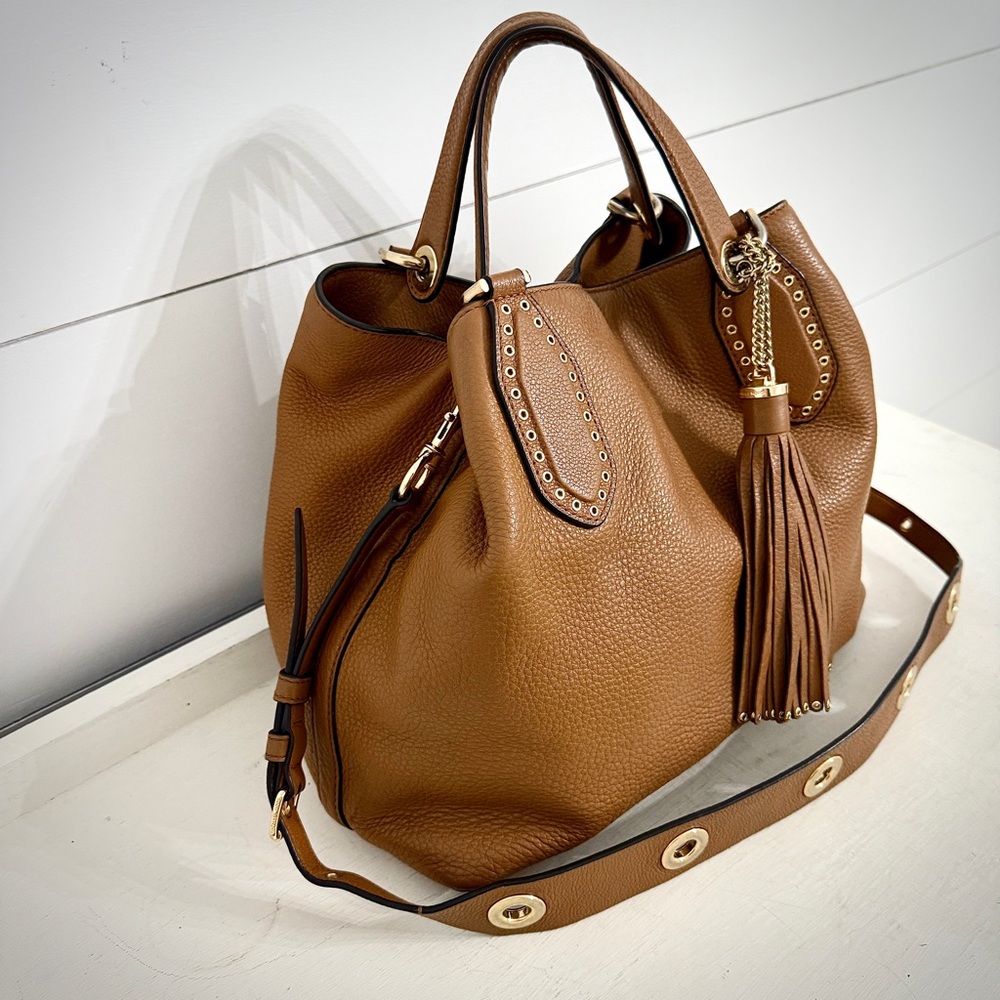Michael Kors Brooklyn Leather Tassel Grommet Satchel Tote Bag Purse in Acorn - Picture 7 of 16